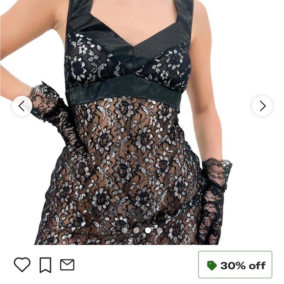 🏁90s Vintage Silver + Black Floral Lace Formal V-Neck SheerSlip Dress Stretch XL - Picture 2 of 6